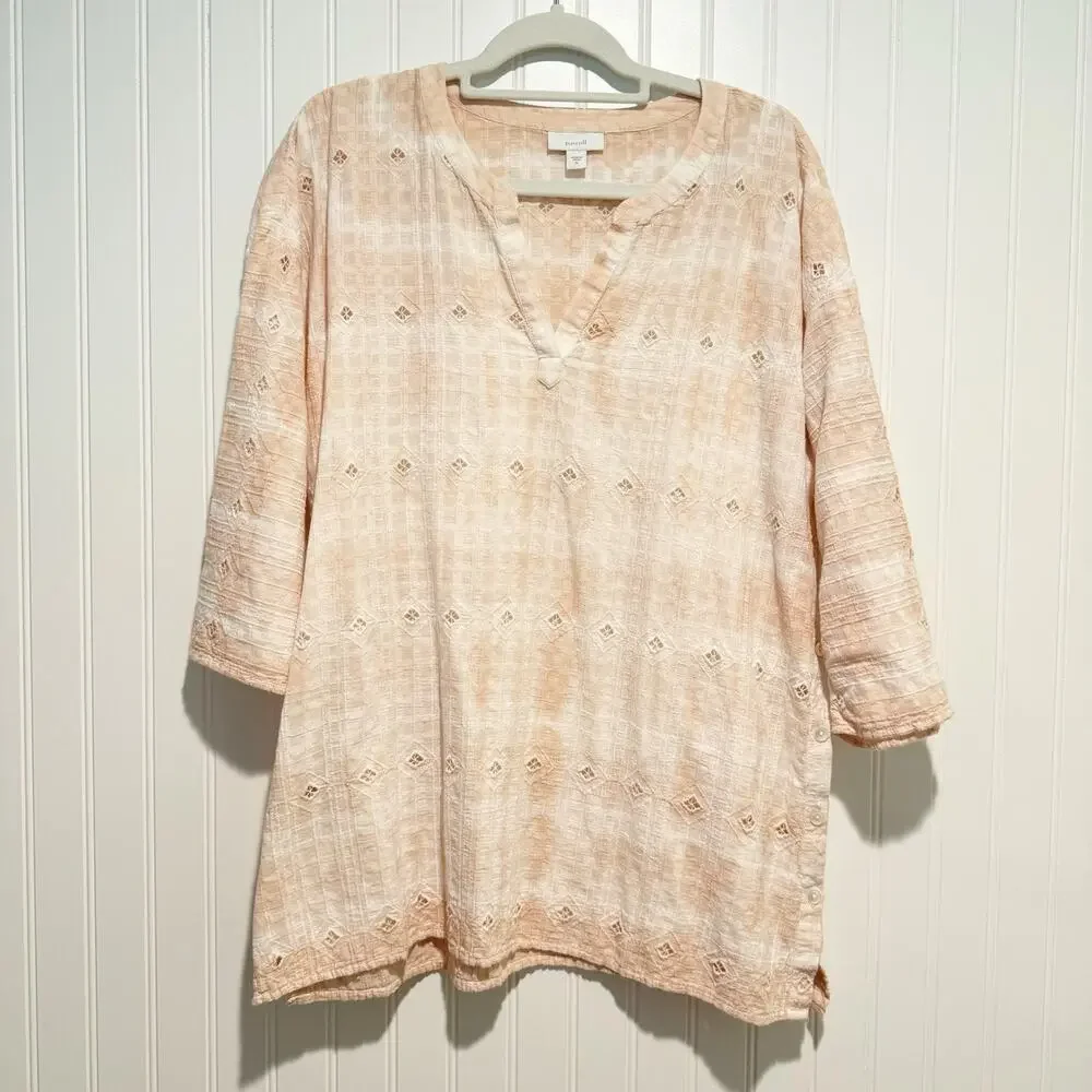 J Jill Pure Jill Schiffli Eyelet Cotton Tunic Top Peach White Size Medium - Picture 2 of 7